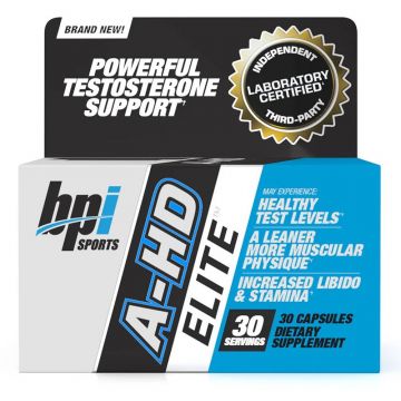 A-HD Elite™, BPI, Testosterone support. "Maak kennis met A-HD™, de ultieme oestrogene modulator en androgene formule!* A-HD™ is ontworpen om een verhoogde testosteronproductie te ondersteunen en tegelijkertijd de oestrogeenactiviteit te minimaliseren.*
