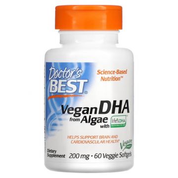 Vegan DHA from Algae Doctor's Best : Vegan Omega 3 van algenolie. DHA is essentieel voor de ontwikkeling van de hersenen, de ogen en het hart. Het levert zeer geconcentreerd omega-3 DHA (docosahexaeenzuur), bereid uit duurzaam gekweekte algen (Schizochytr