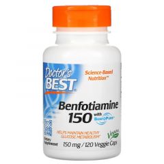 Doctor's Best Benfotiamine 150 met Benfopure™, Japanse Benfotiamine, is een vetoplosbare vorm en een zeer biologisch beschikbaar derivaat van thiamine (Vitamine B1).Benfotiamine wordt geactiveerd in de bloedbaan en is vier keer langer beschikbaar in het l